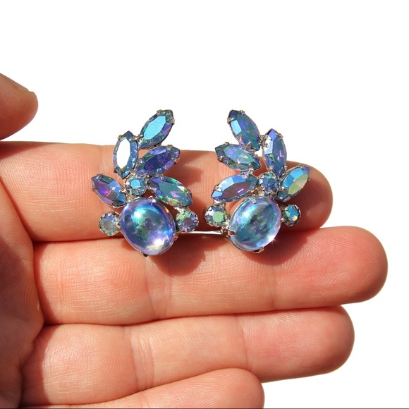 Vintage Continental Aurora Borealis Clip Earrings - Picture 2 of 5